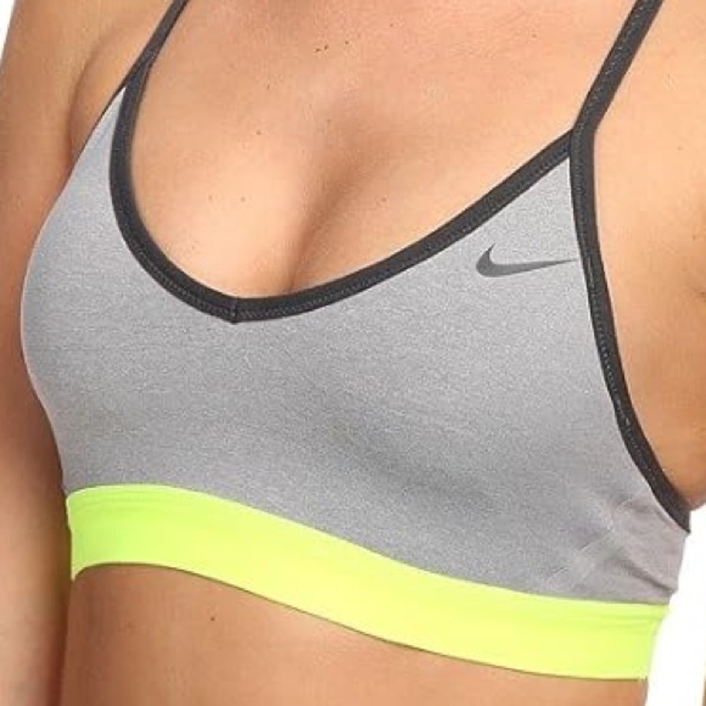 Nike Women's Gray and Neon Yellow Sports Bra